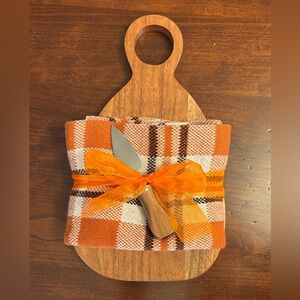 Plaid Towel and Wooden Cheese Board Set